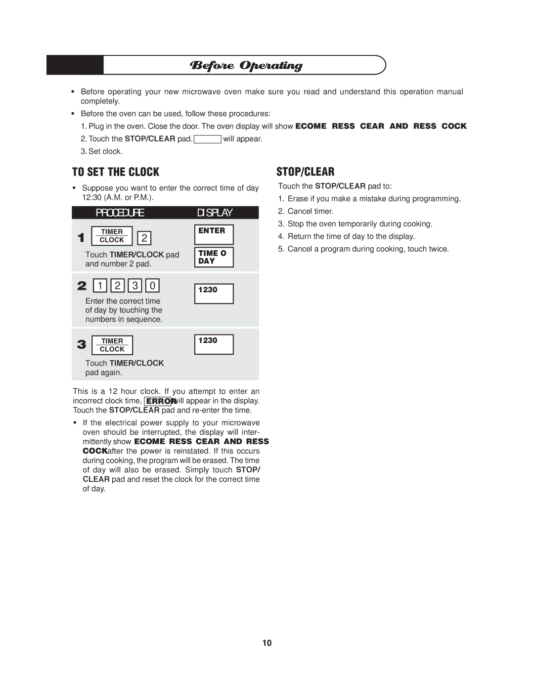 DCS MO-24SS manual Before Operating, To SET the Clock, Stop/Clear, O C E D U R ED I S P L a Y 