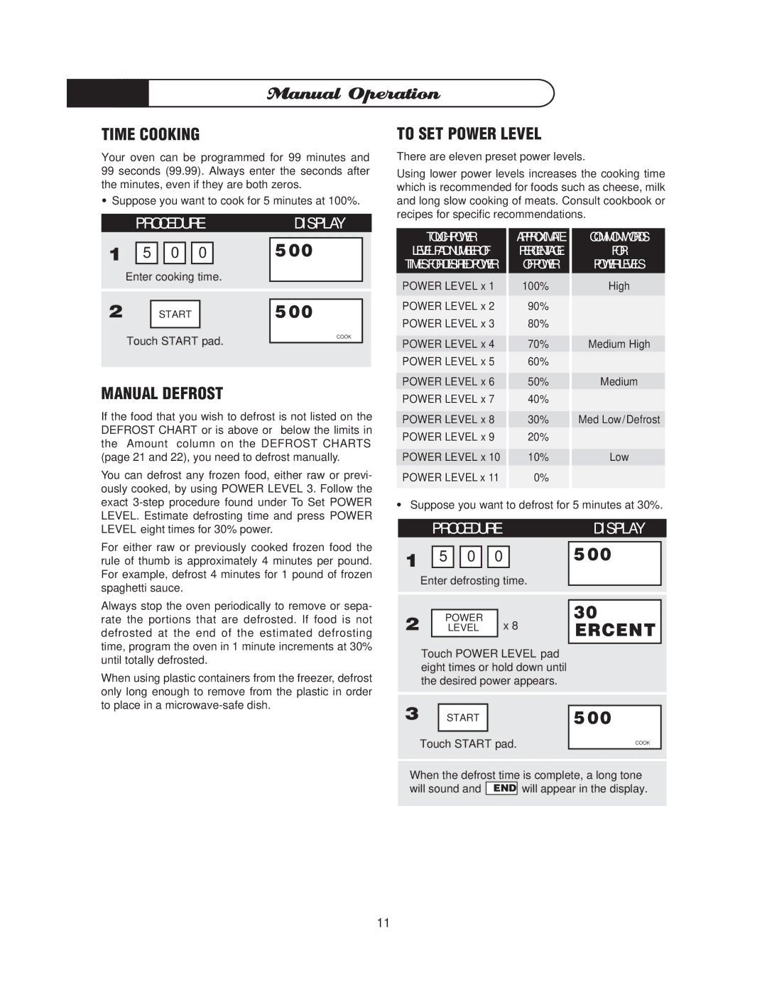 DCS MO-24SS manual Manual Operation, Time Cooking, Manual Defrost, To SET Power Level 