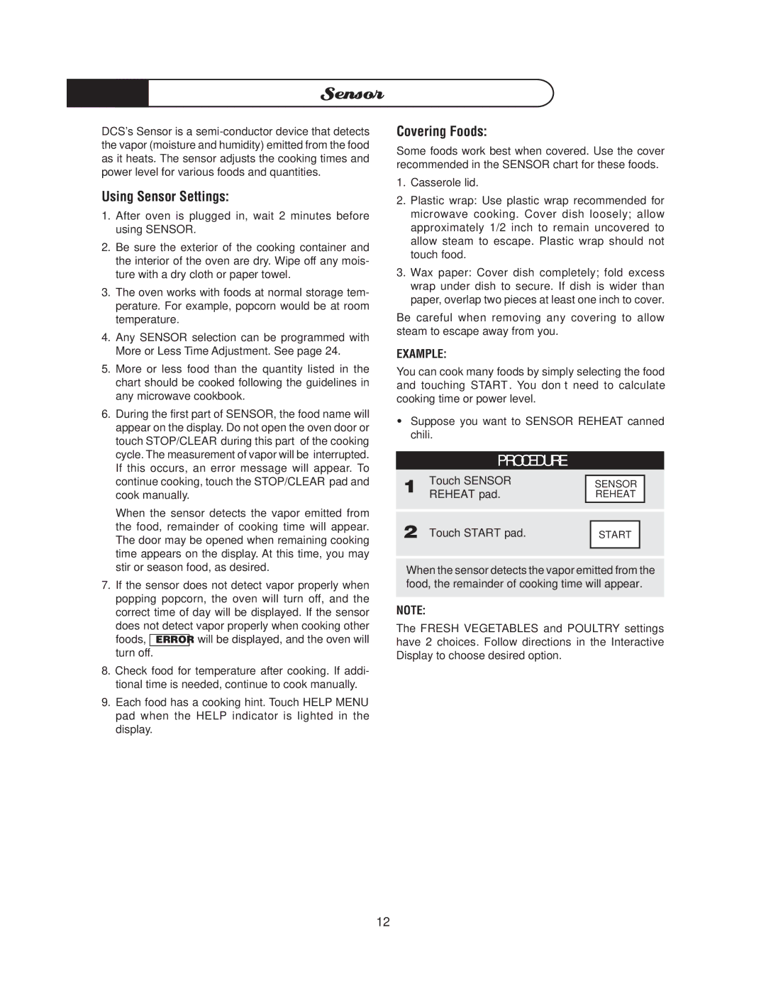 DCS MO-24SS manual O C E D U R E, Using Sensor Settings, Covering Foods, Example 