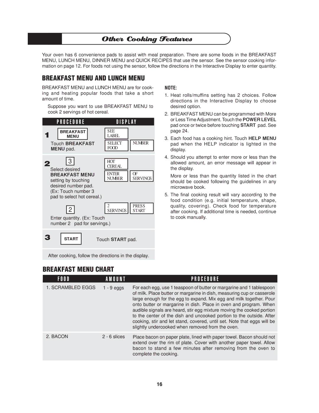 DCS MO-24SS manual Other Cooking Features, Breakfast Menu and Lunch Menu, Breakfast Menu Chart, Touch Breakfast, Menu pad 