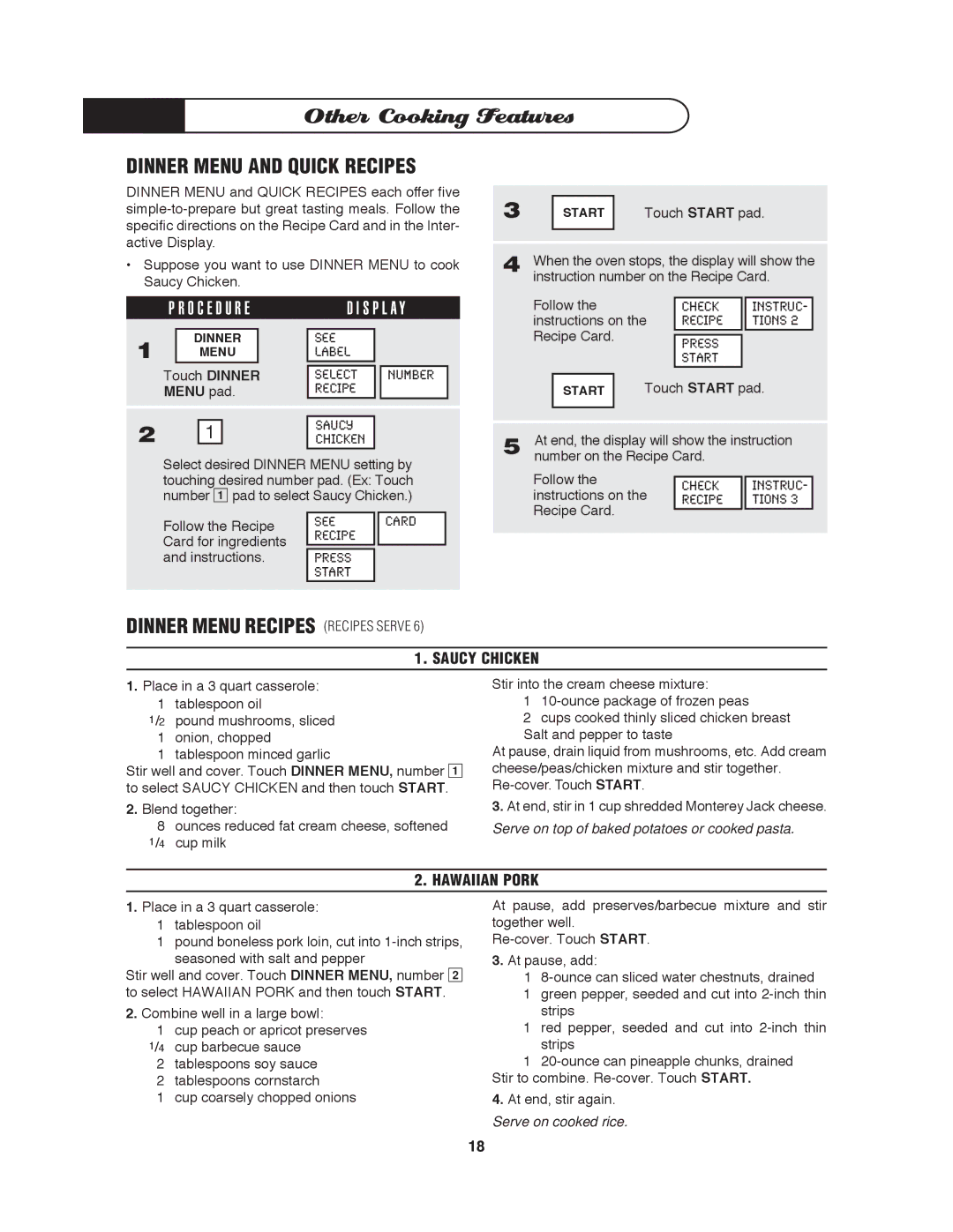 DCS MO-24SS manual Dinner Menu and Quick Recipes, Dinner Menu Recipes Recipes Serve, Saucy Chicken, Hawaiian Pork 