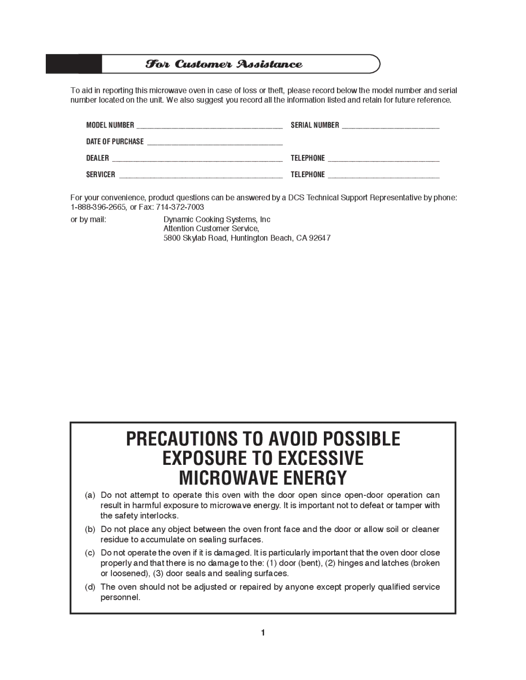 DCS MO-24SS manual For Customer Assistance 