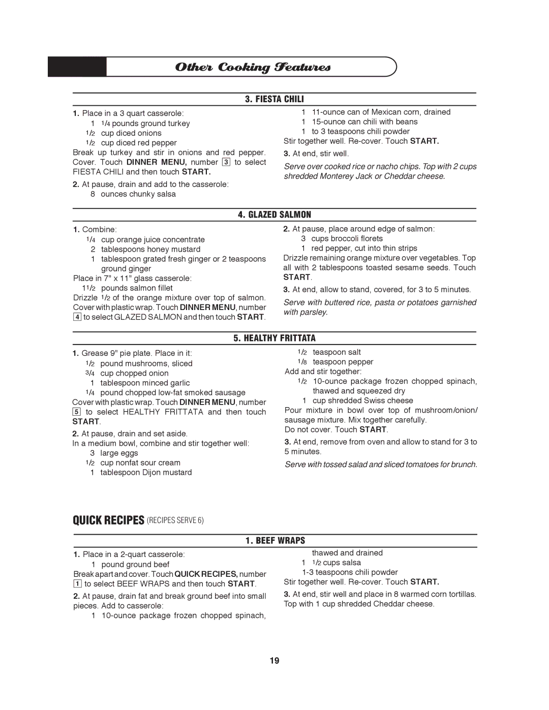 DCS MO-24SS manual Fiesta Chili, Glazed Salmon, Healthy Frittata, Beef Wraps, Quick Recipes Recipes Serve 