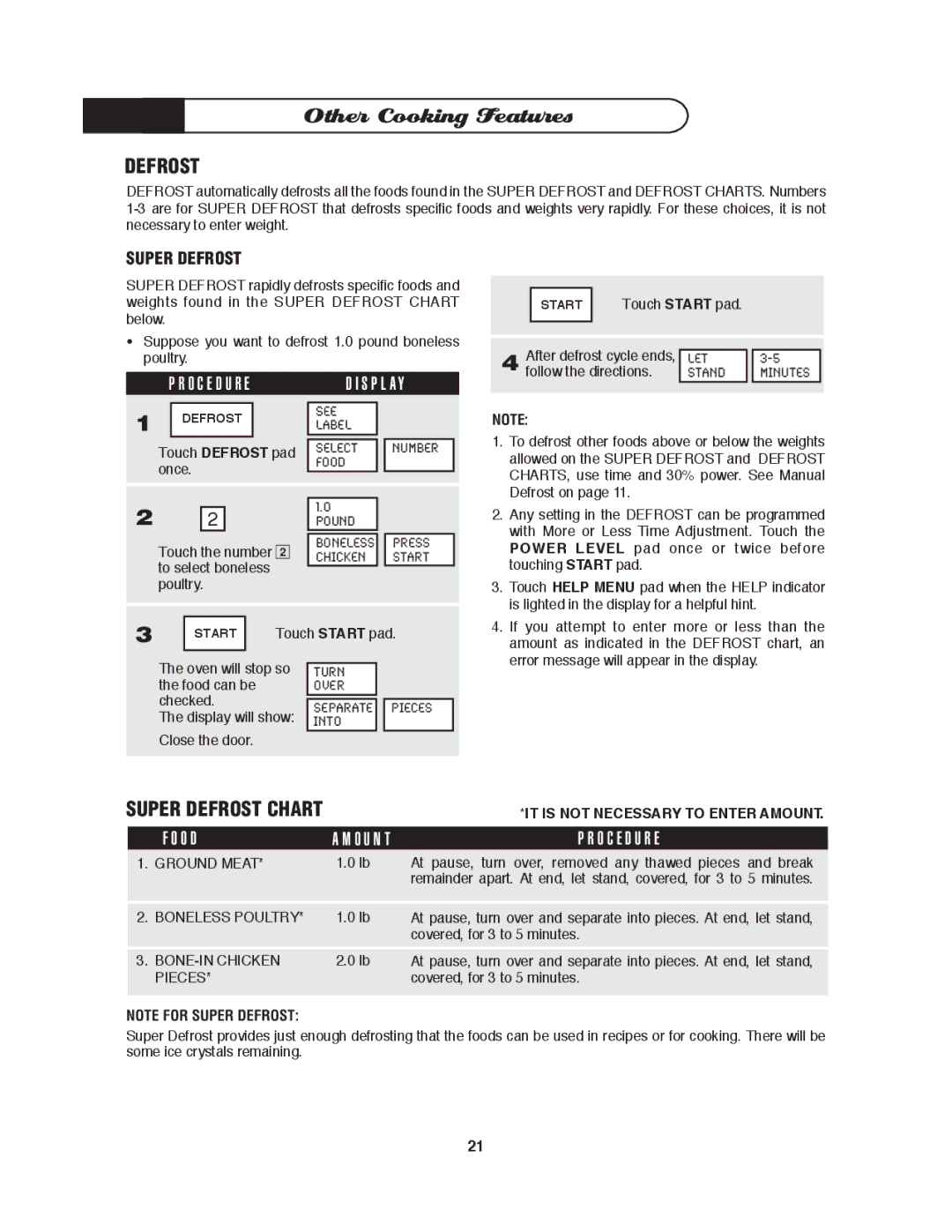 DCS MO-24SS manual Super Defrost Chart 