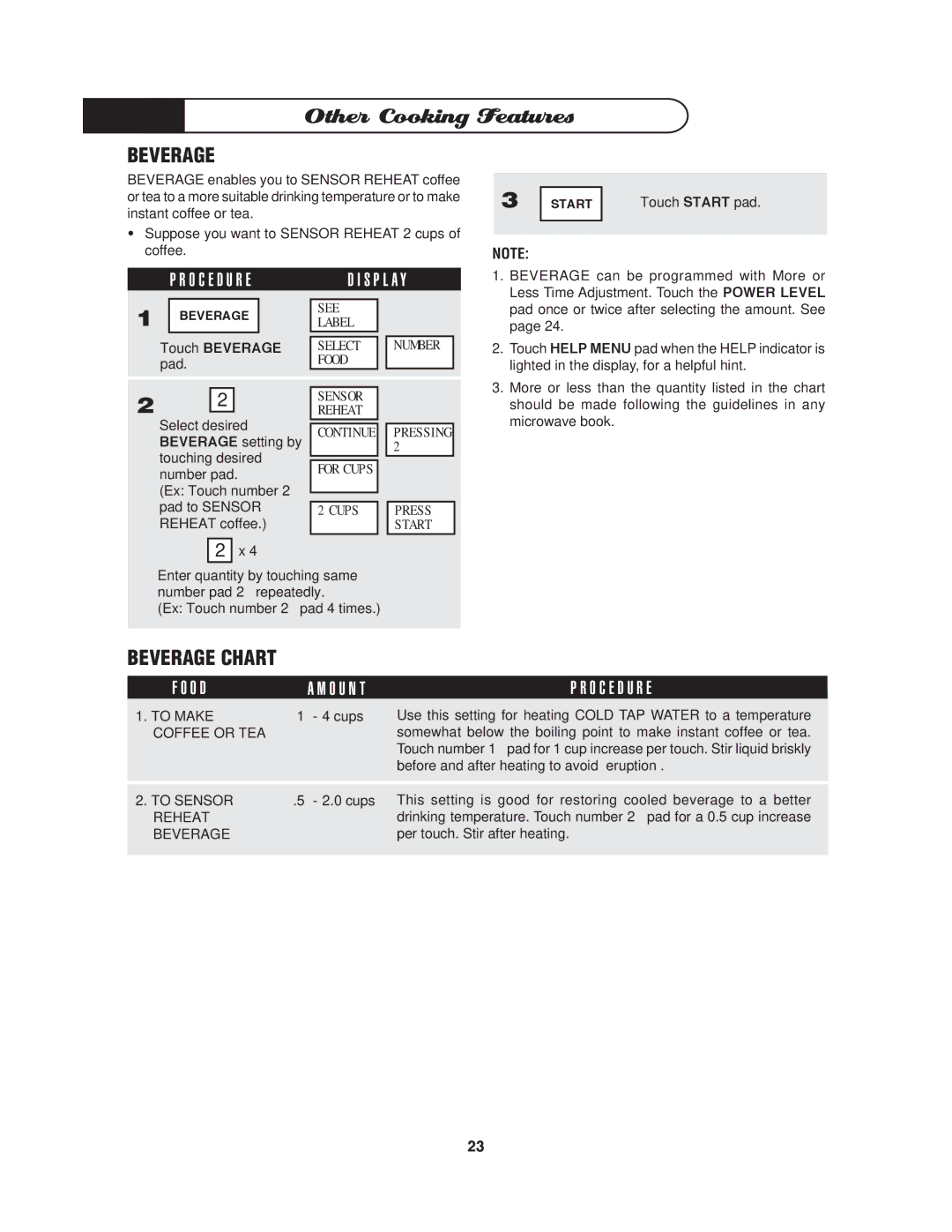 DCS MO-24SS manual Beverage Chart, Touch Beverage 