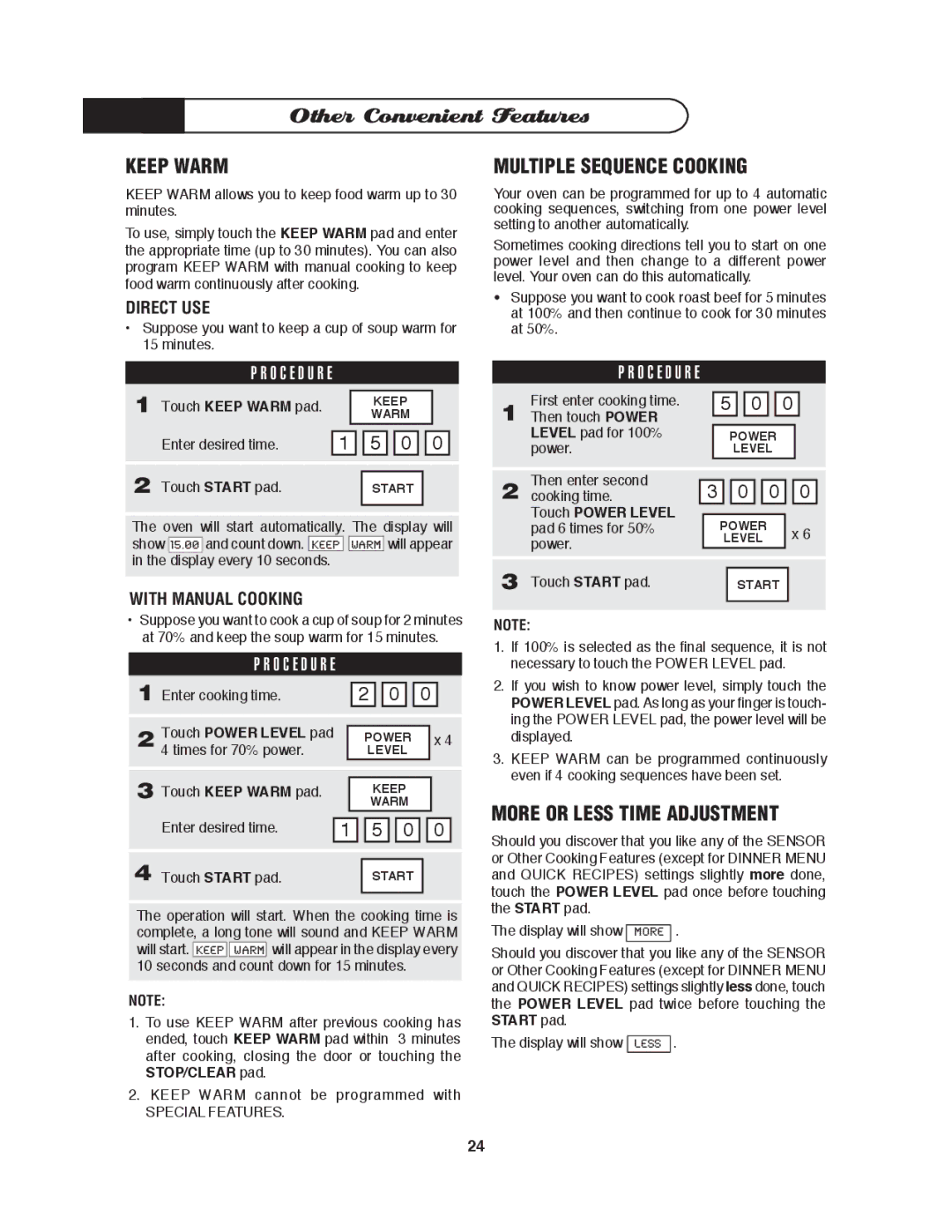 DCS MO-24SS manual Other Convenient Features, Keep Warm, Multiple Sequence Cooking, More or Less Time Adjustment 