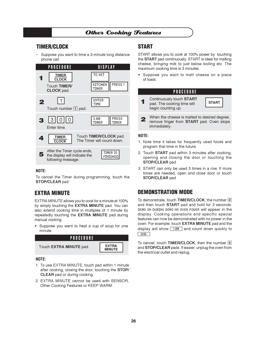 DCS MO-24SS manual Timer/Clock, Start, Extra Minute, Demonstration Mode, S P L a Y 