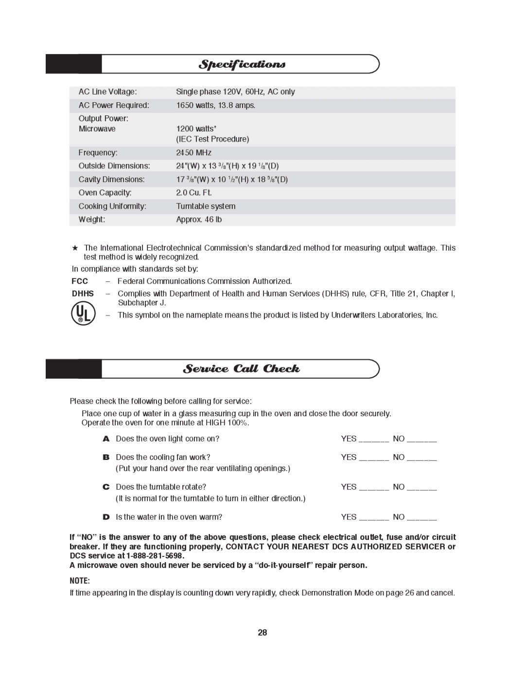 DCS MO-24SS manual Specifications, Service Call Check, Federal Communications Commission Authorized, Subchapter J 