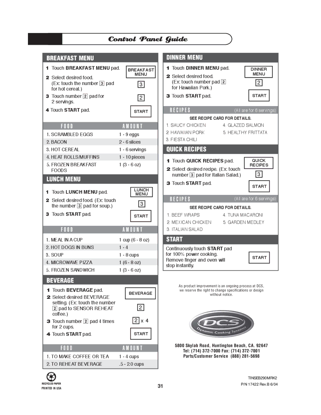 DCS MO-24SS C I P E S, Touch Breakfast Menu pad, Touch Dinner Menu pad, Touch Lunch Menu pad, Touch Quick Recipes pad 