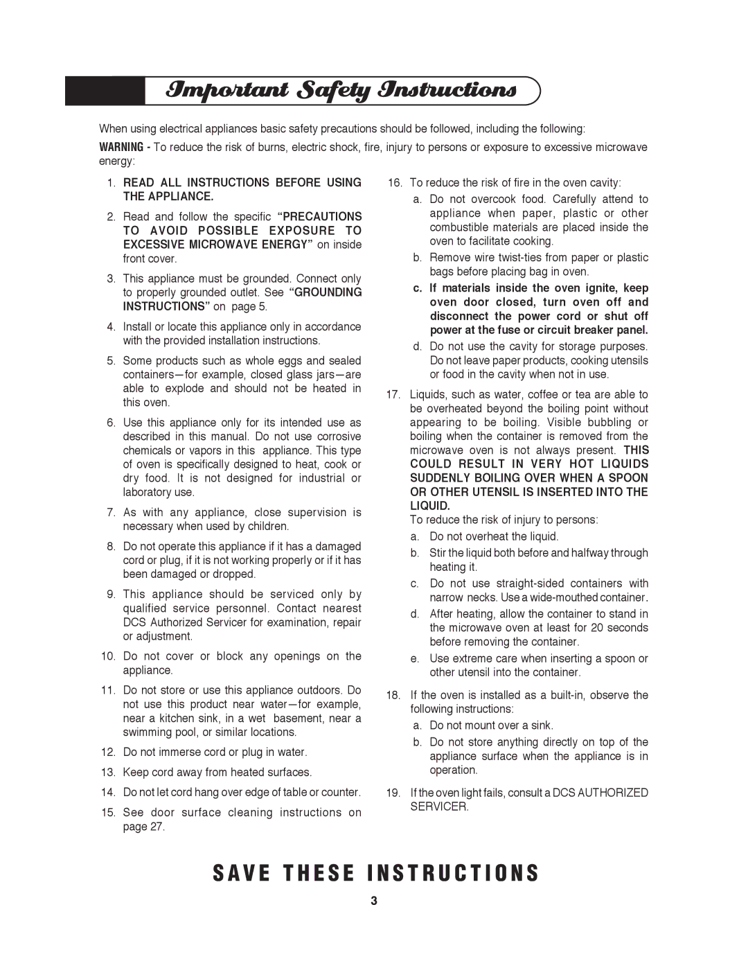 DCS MO-24SS manual Read ALL Instructions Before Using the Appliance, Do not let cord hang over edge of table or counter 