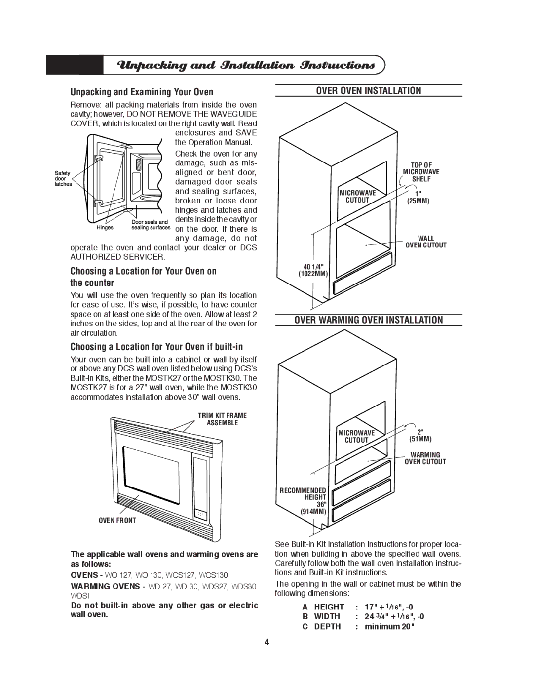 DCS MO-24SS manual Unpacking and Installation Instructions, Over Oven Installation, Over Warming Oven Installation 