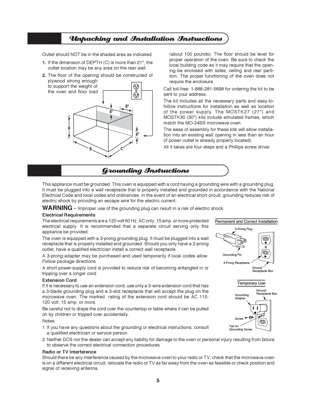 DCS MO-24SS manual Grounding Instructions, Electrical Requirements, Extension Cord, Radio or TV Interference 