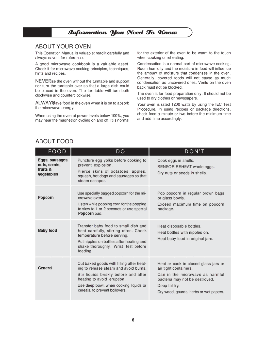 DCS MO-24SS manual Information You Need To Know, About Your Oven, About Food, O D 