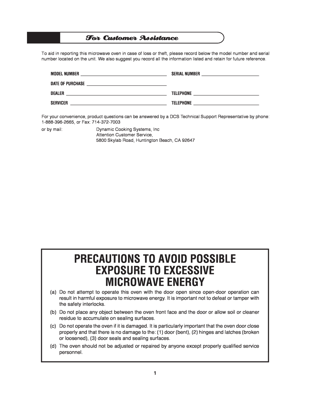 DCS MO-24SS manual For Customer Assistance, Precautions To Avoid Possible, Exposure To Excessive Microwave Energy 