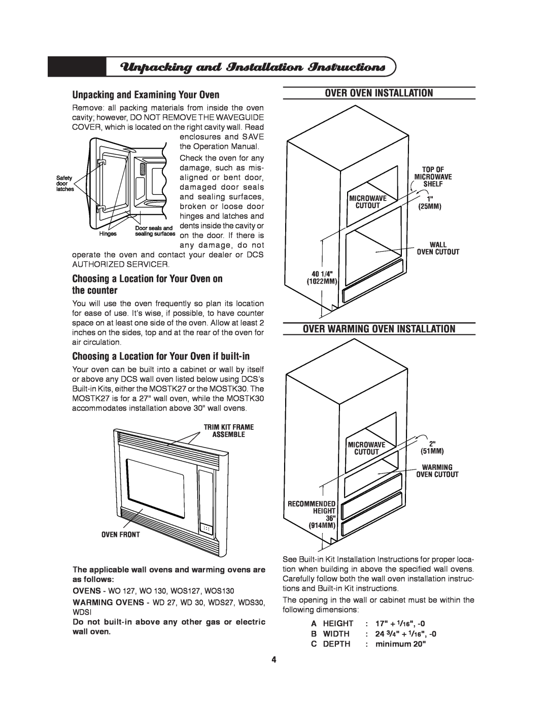 DCS MO-24SS manual Unpacking and Installation Instructions, Unpacking and Examining Your Oven, Over Oven Installation 