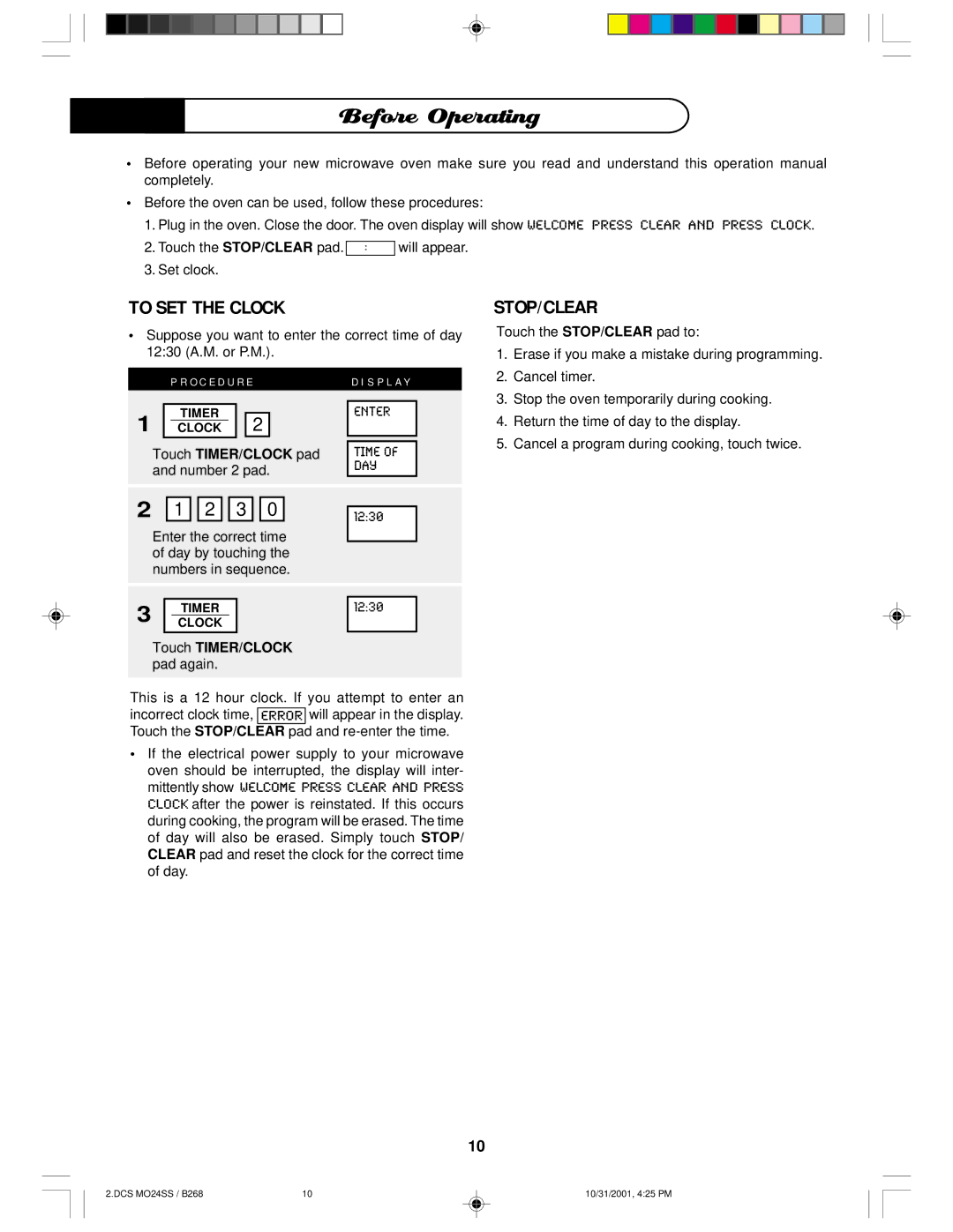 DCS MO24SS manual Before Operating, To SET the Clock, Stop/Clear, O C E D U R ED I S P L a Y 