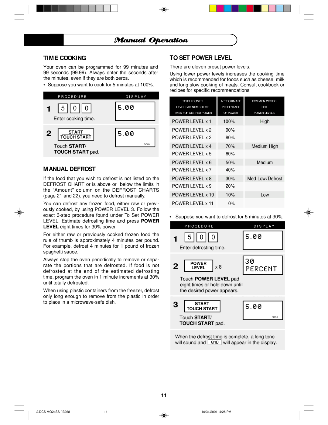 DCS MO24SS manual Manual Operation, Time Cooking, To SET Power Level, Manual Defrost 