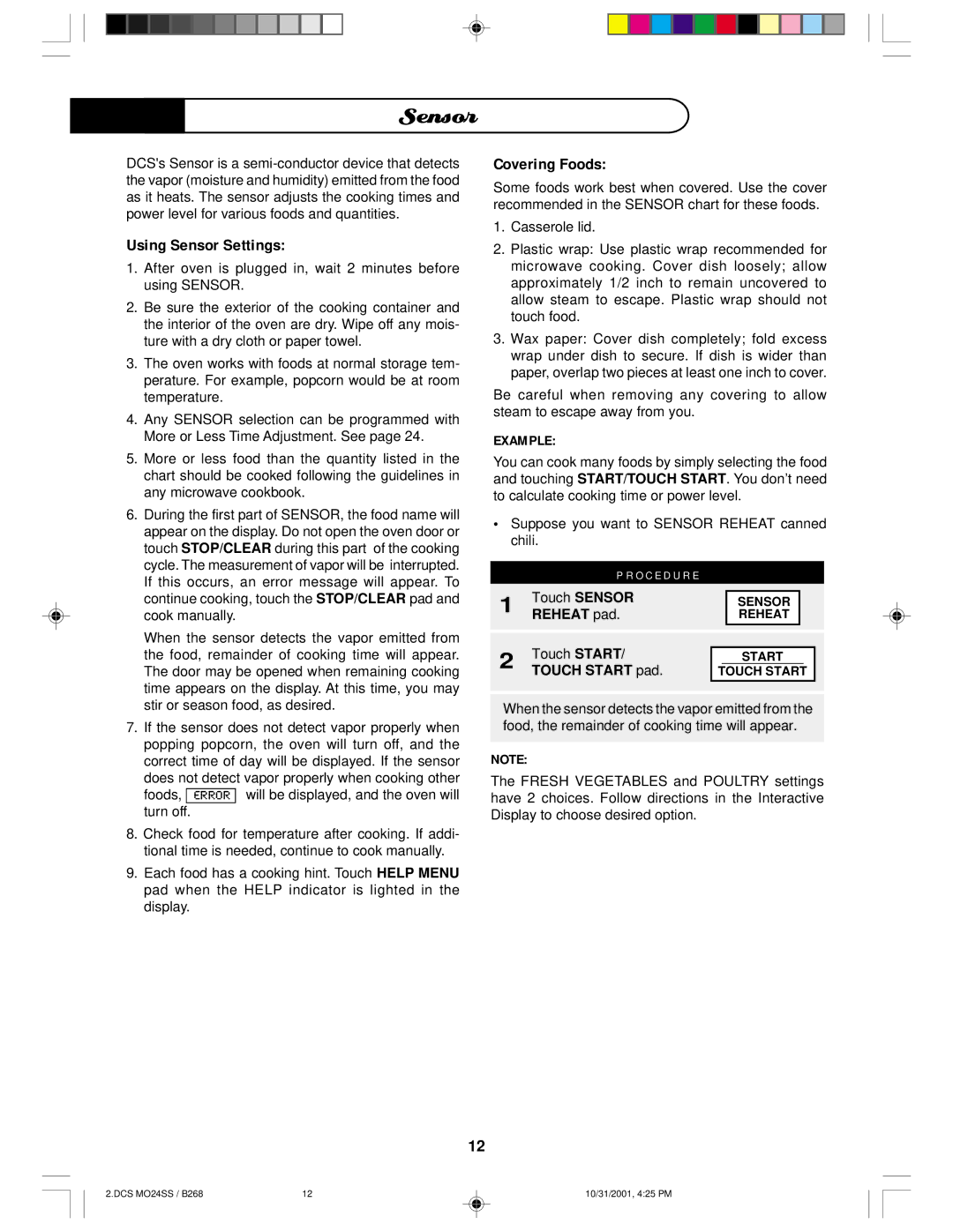 DCS MO24SS manual Using Sensor Settings, Covering Foods, Example 