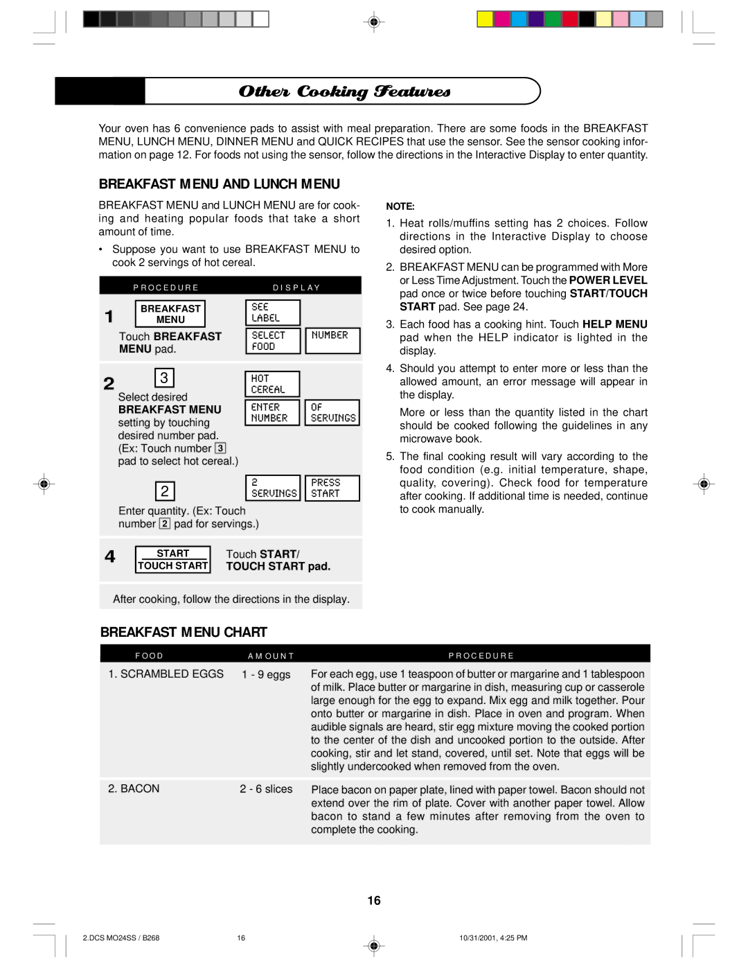 DCS MO24SS manual Other Cooking Features, Breakfast Menu and Lunch Menu, Breakfast Menu Chart 