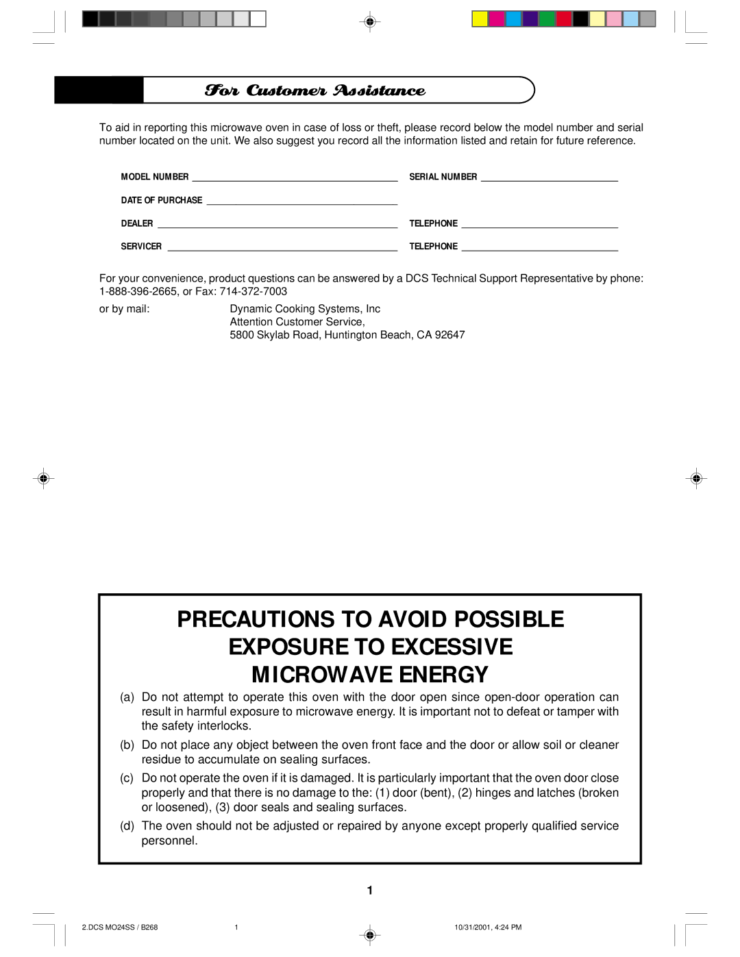 DCS MO24SS manual For Customer Assistance 