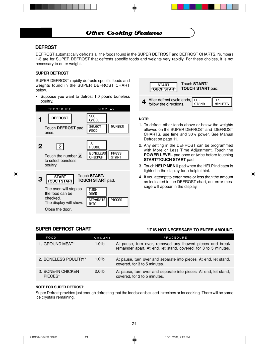 DCS MO24SS manual Super Defrost Chart 