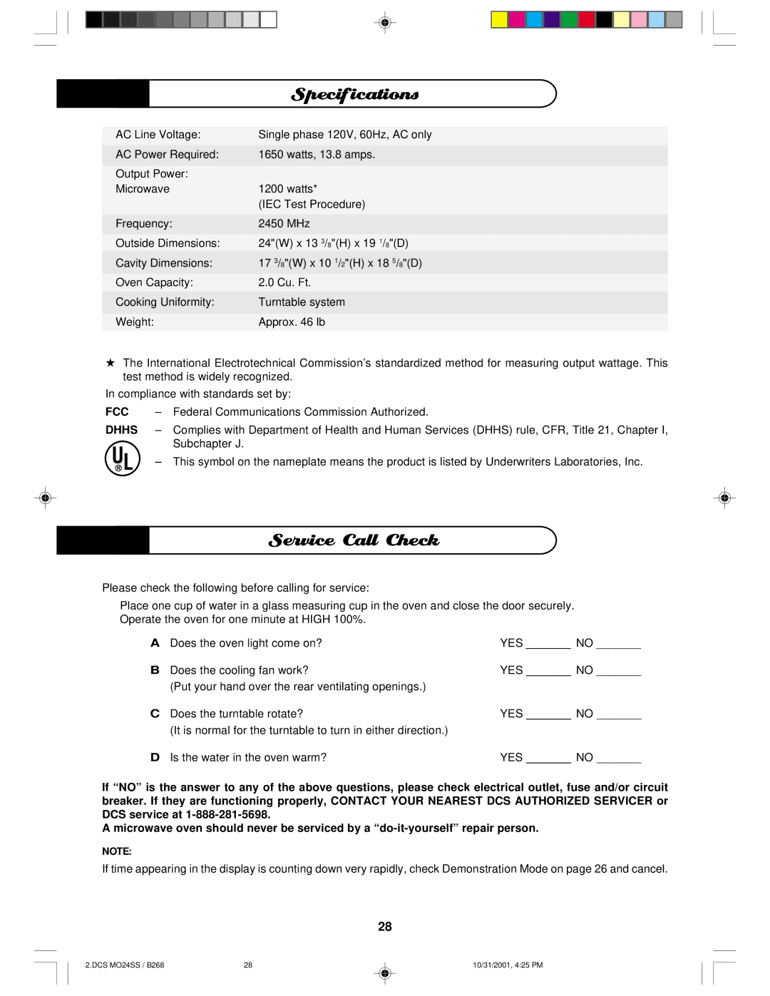 DCS MO24SS manual Specifications, Service Call Check, Fcc, Dhhs 