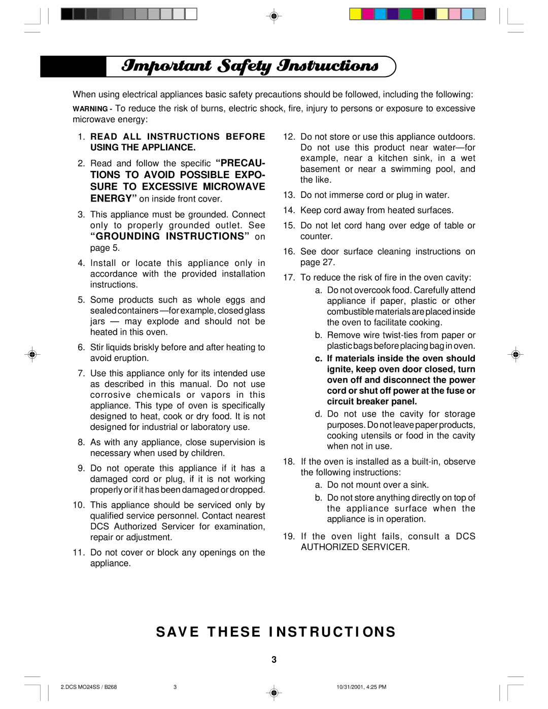 DCS MO24SS manual Important Safety Instructions, Read ALL Instructions Before Using the Appliance 