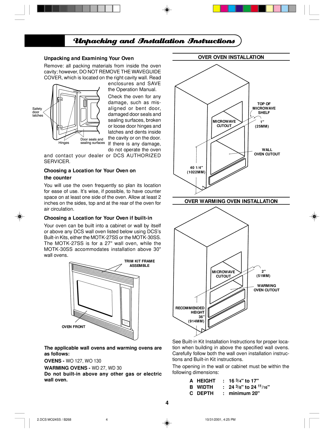 DCS MO24SS manual Unpacking and Installation Instructions, Over Oven Installation, Over Warming Oven Installation 