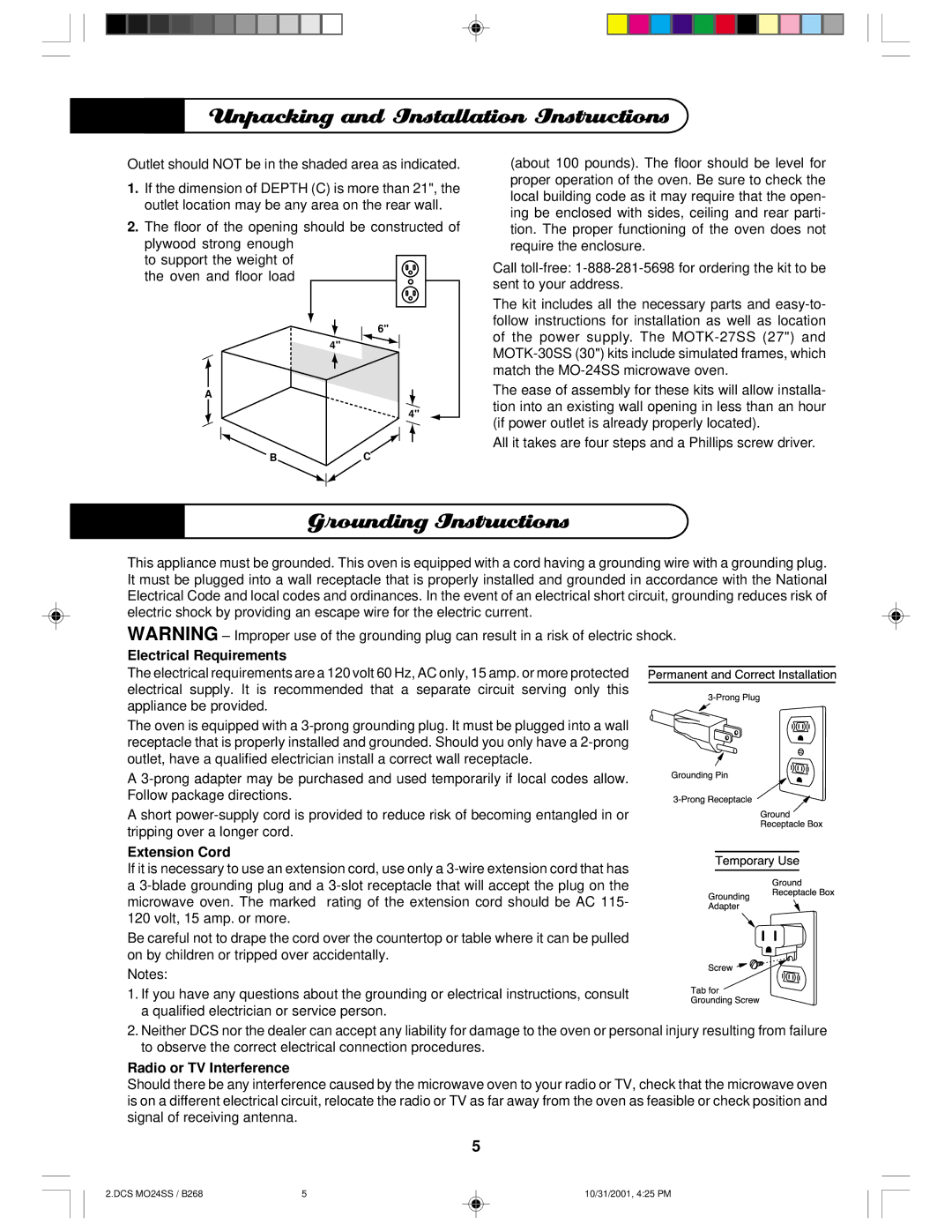 DCS MO24SS manual Grounding Instructions, Electrical Requirements, Extension Cord, Radio or TV Interference 