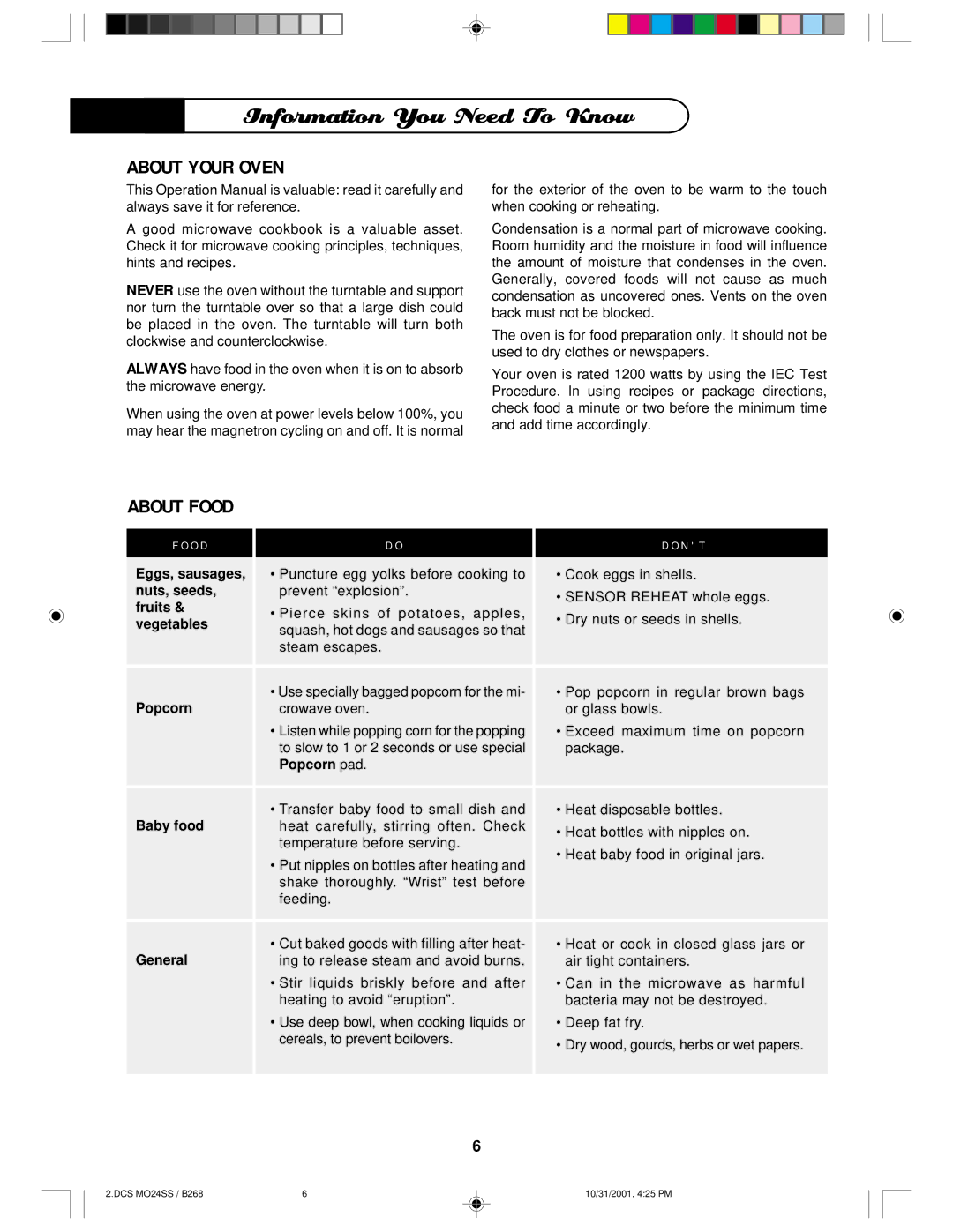 DCS MO24SS manual InformationYouNeedToKnow, About Your Oven, About Food, O D 