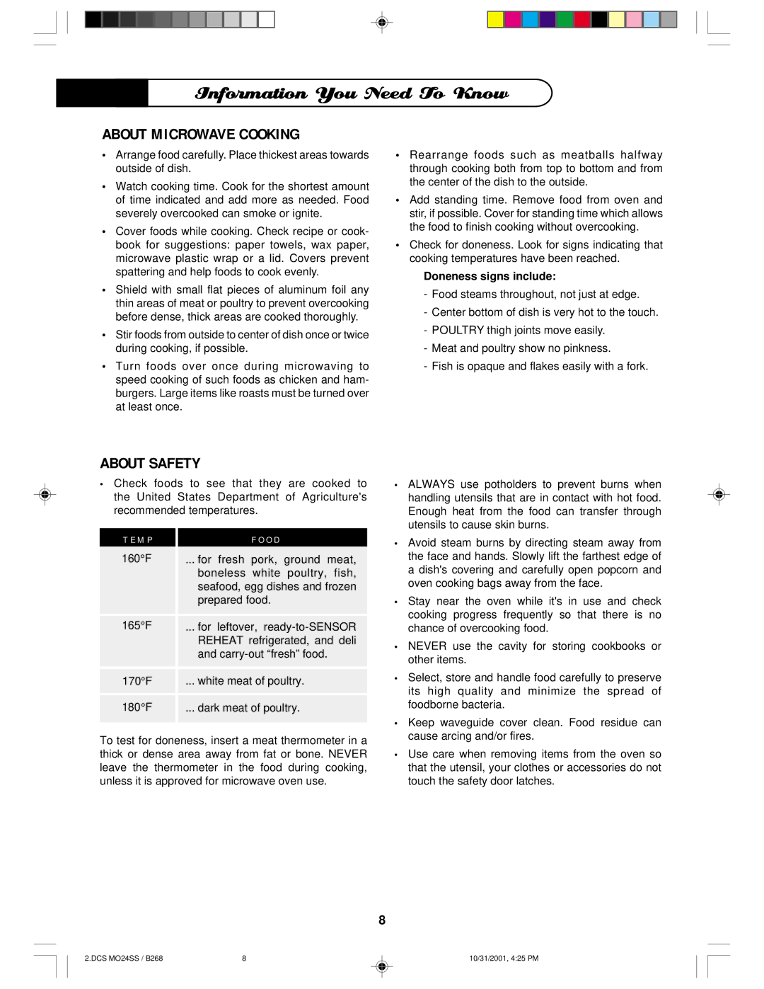 DCS MO24SS manual About Microwave Cooking, About Safety, M P O D, Doneness signs include 