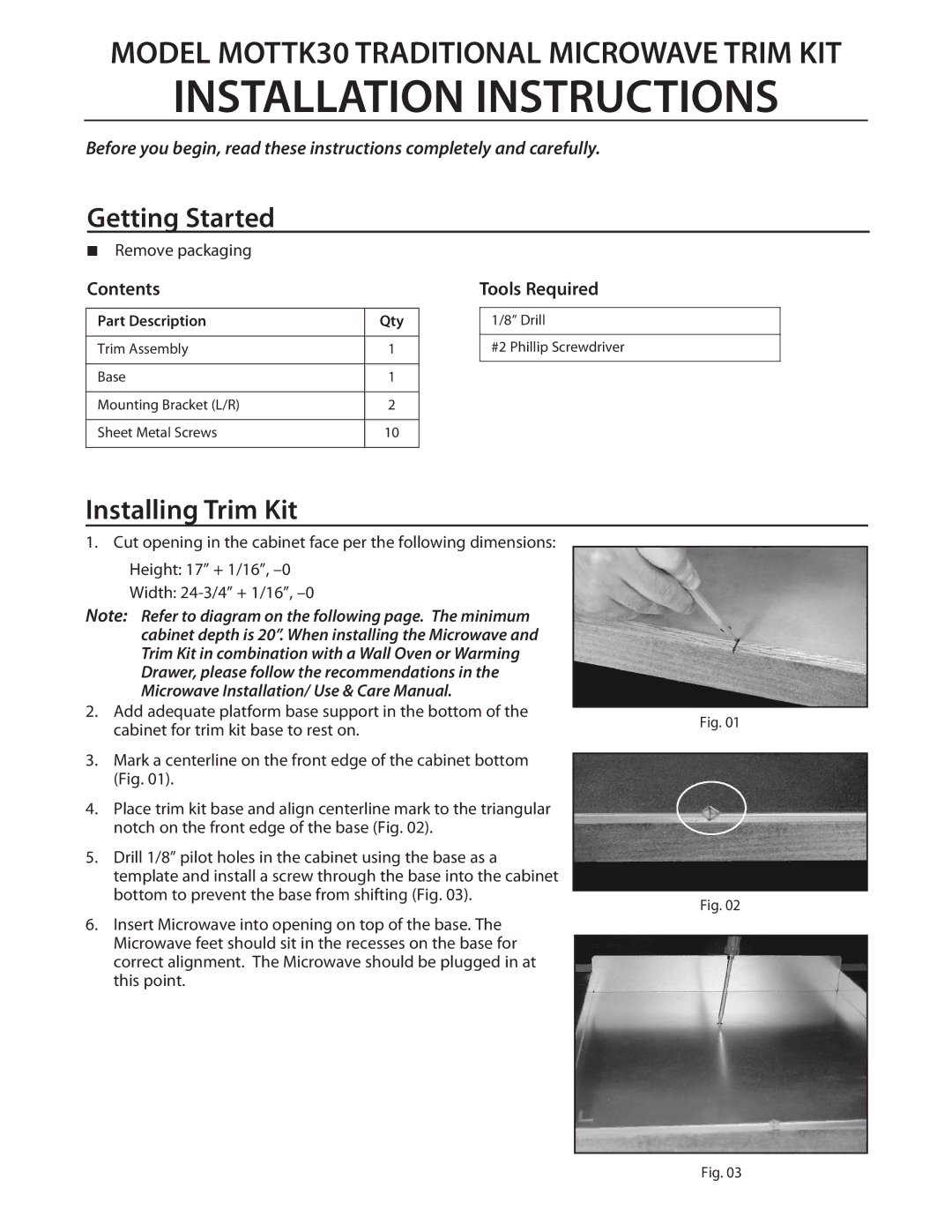 DCS MOTTK30 installation instructions Getting Started, Installing Trim Kit 