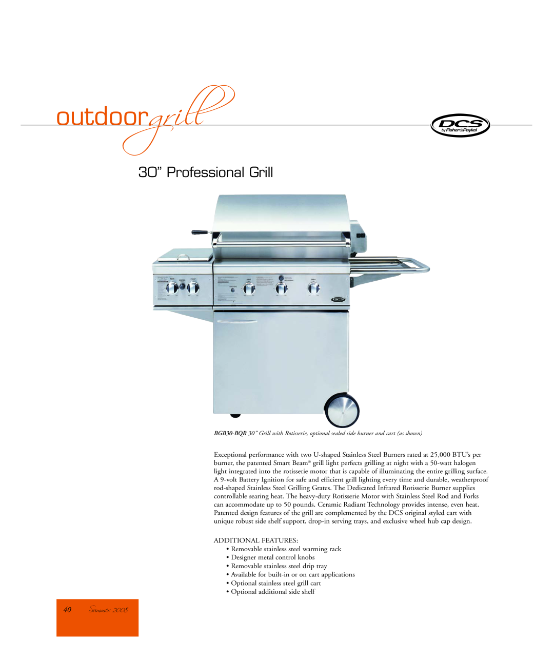 DCS OGP30iN manual Summer, outdoorgrill, 30” Professional Grill 
