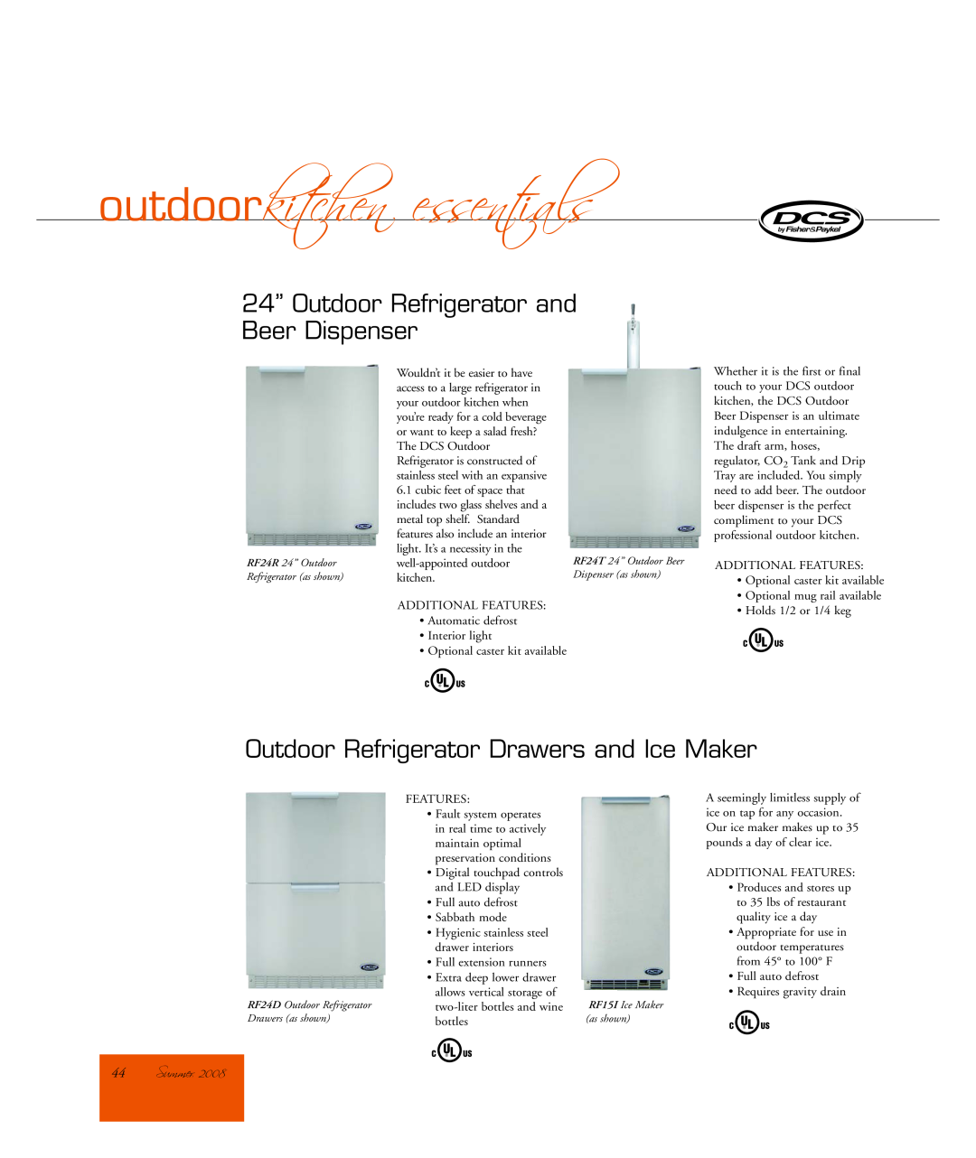 DCS OKR manual 44Summer, outdoorkitchen essentials, 24” Outdoor Refrigerator and Beer Dispenser 