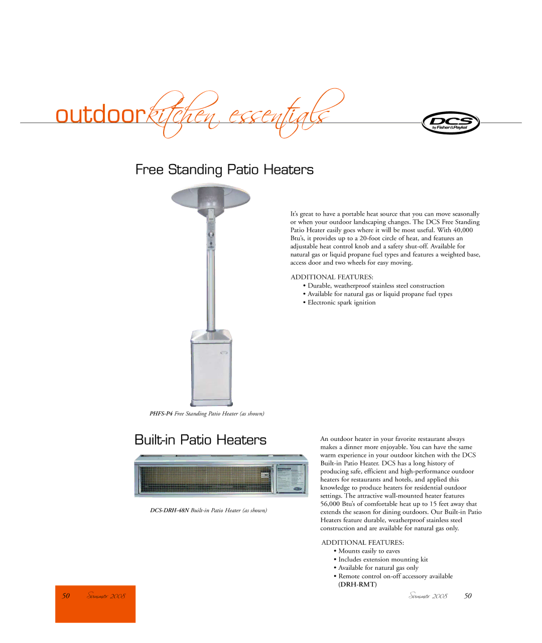 DCS PHFS-P4 manual Outdoorkitchen essentials, Free Standing Patio Heaters, Built-in Patio Heaters, Additional Features 