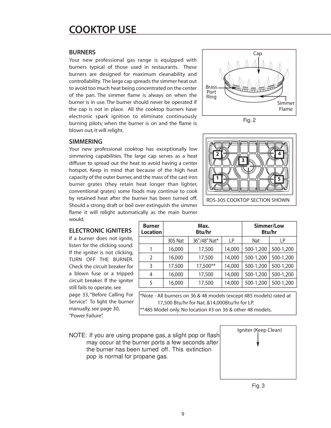 DCS RDS-305 manual Cooktop USE, Burners, Simmering 