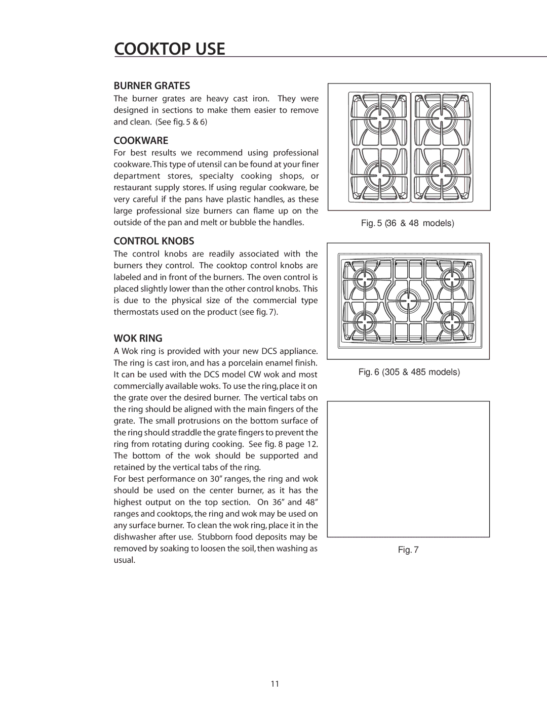 DCS RDS-305 manual Burner Grates, Cookware, Control Knobs, WOK Ring 