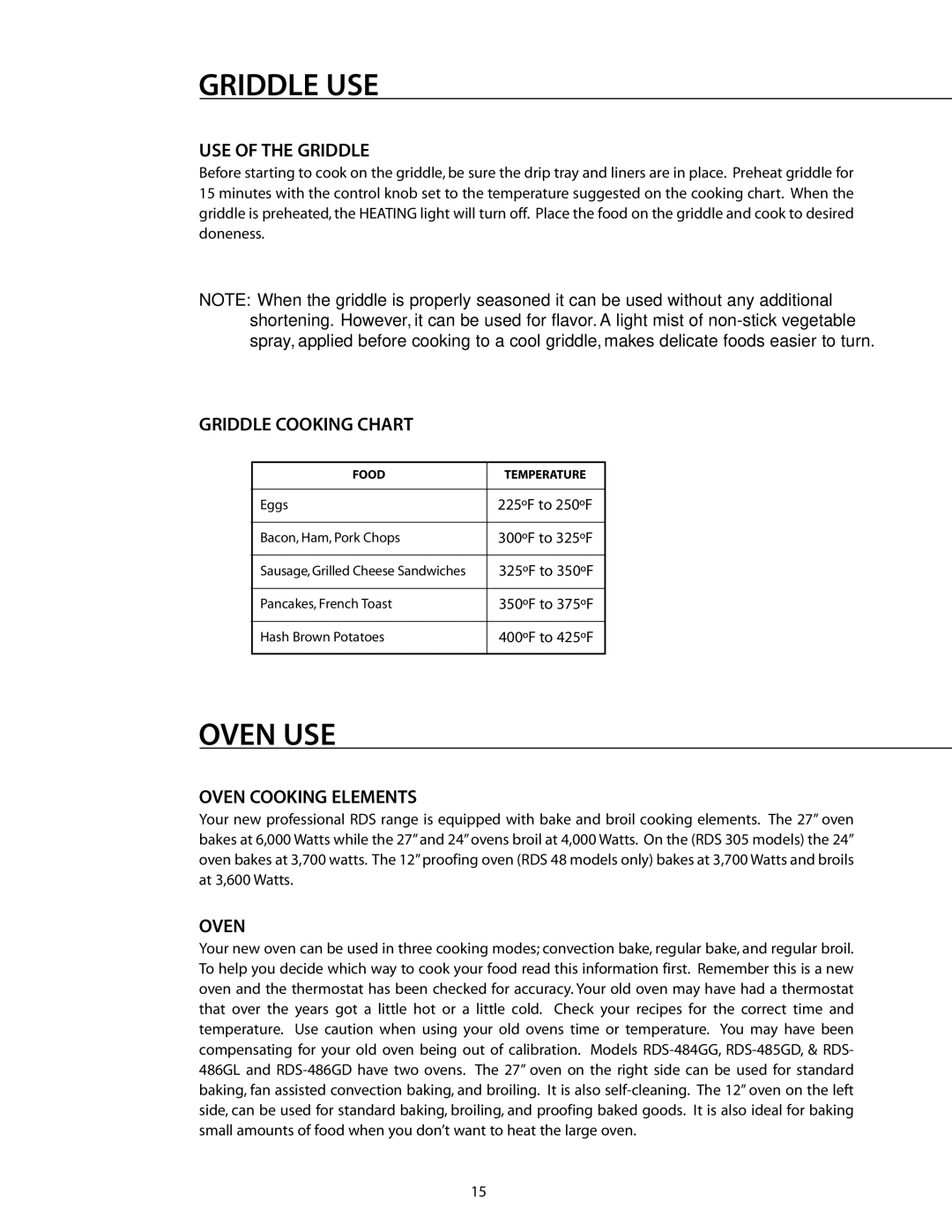 DCS RDS-305 manual Oven USE, USE of the Griddle, Griddle Cooking Chart, Oven Cooking Elements 