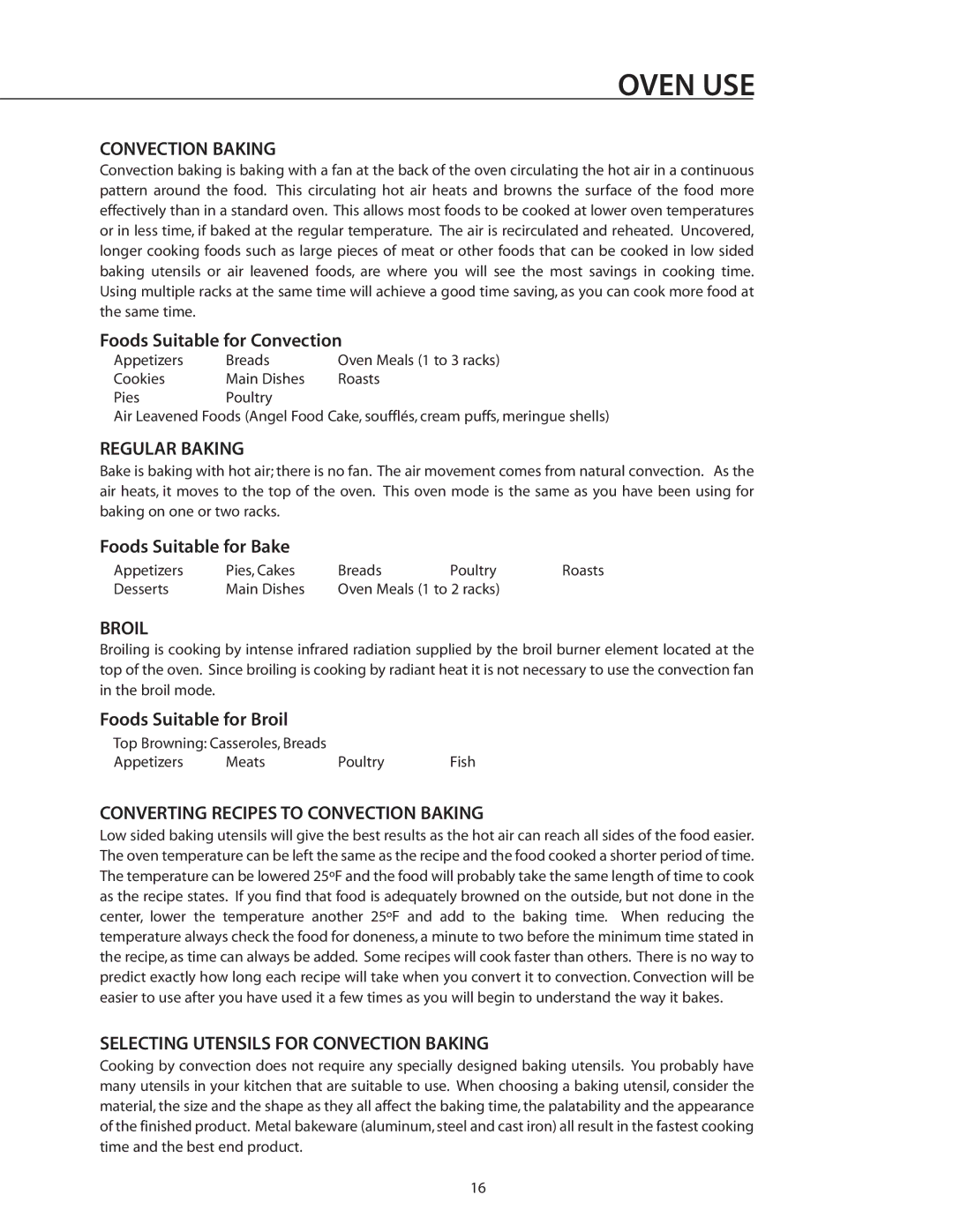 DCS RDS-305 Regular Baking, Broil, Converting Recipes to Convection Baking, Selecting Utensils for Convection Baking 