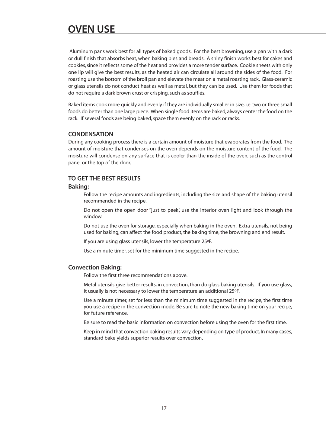 DCS RDS-305 manual Condensation, To GET the Best Results, Convection Baking 