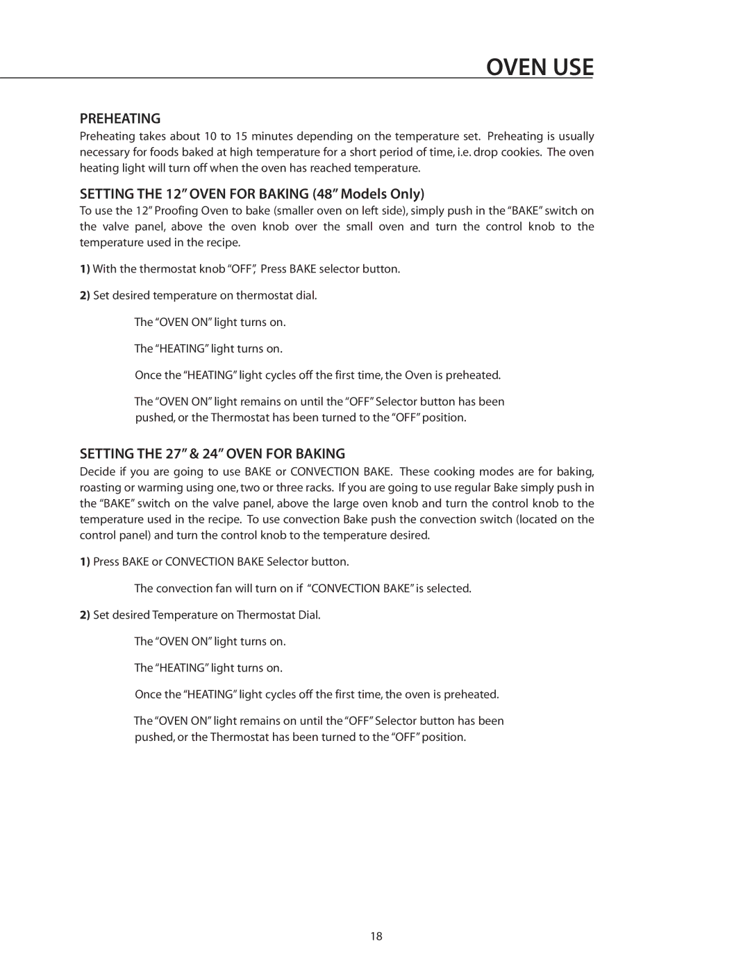 DCS RDS-305 manual Preheating, Setting the 12 Oven for Baking 48 Models Only, Setting the 27 & 24 Oven for Baking 