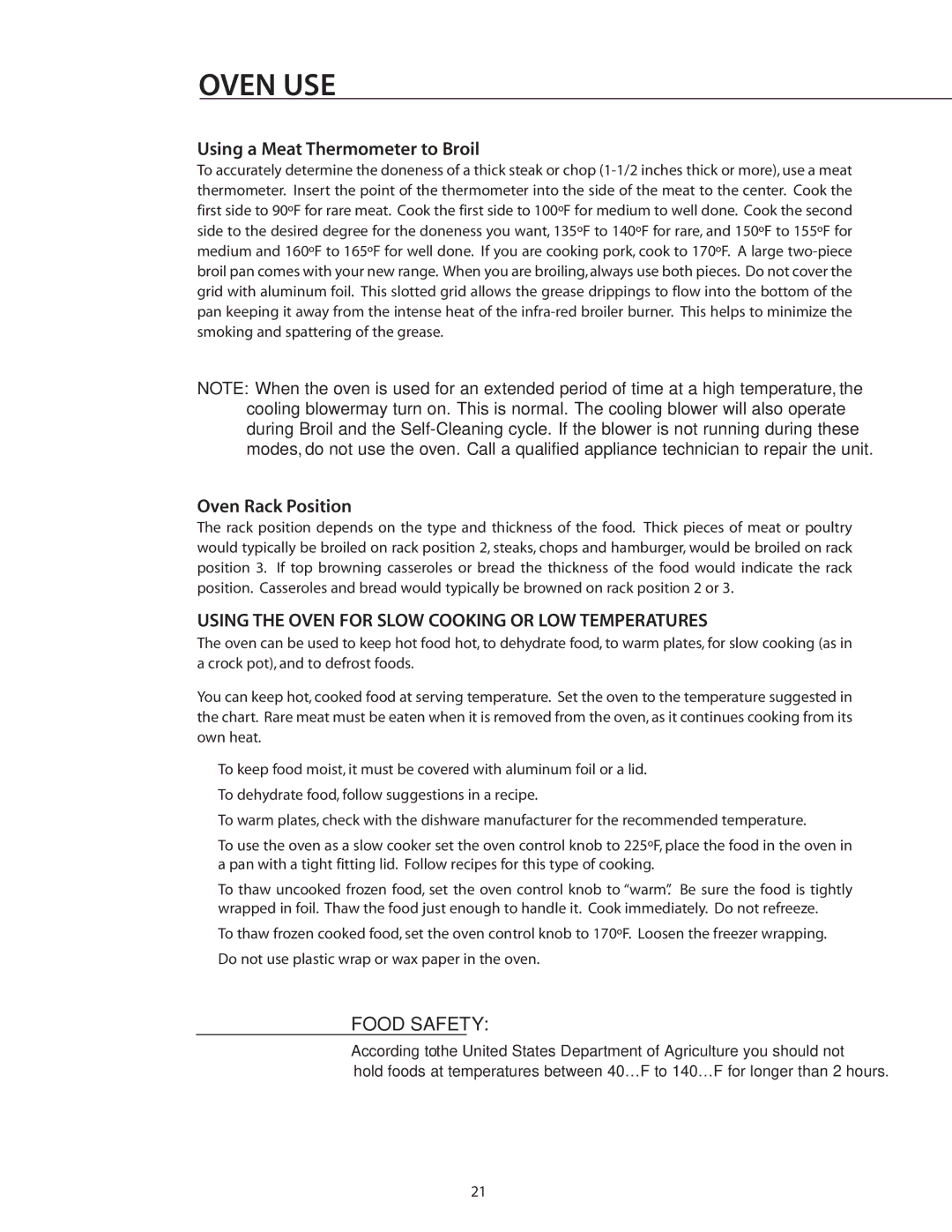 DCS RDS-305 Using a Meat Thermometer to Broil, Oven Rack Position, Using the Oven for Slow Cooking or LOW Temperatures 
