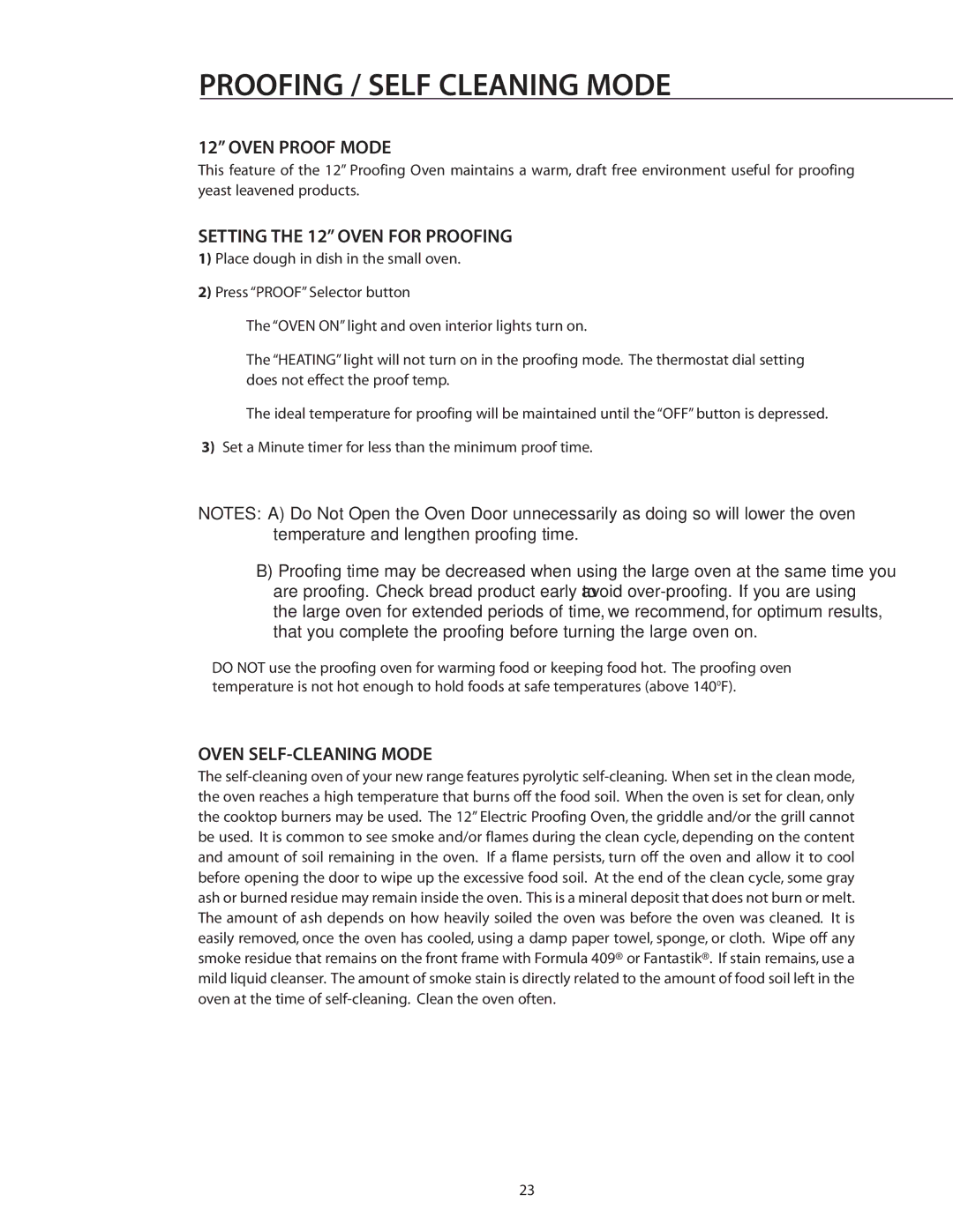 DCS RDS-305 Proofing / Self Cleaning Mode, Oven Proof Mode, Setting the 12 Oven for Proofing, Oven SELF-CLEANING Mode 