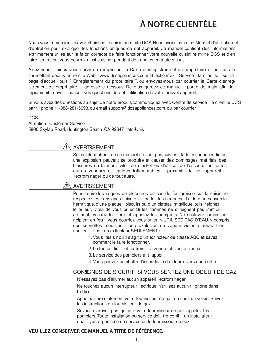 DCS RDS-305 manual Notre Clientèle, Veuillez Conserver CE Manuel À Titre DE Référence 