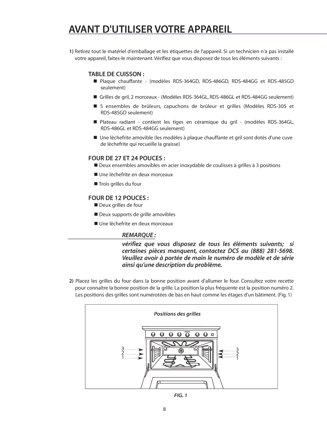 DCS RDS-305 manual Avant Dutiliser Votre Appareil, Table DE Cuisson, Four DE 27 ET 24 Pouces, Four DE 12 Pouces 