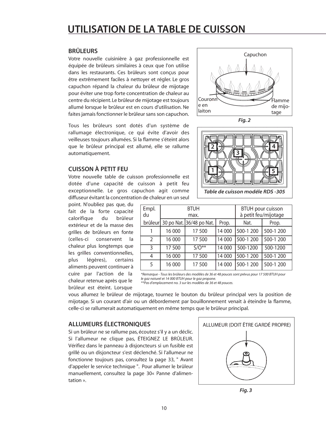 DCS RDS-305 manual Utilisation DE LA Table DE Cuisson, Brûleurs, Cuisson À Petit FEU, Allumeurs Électroniques 