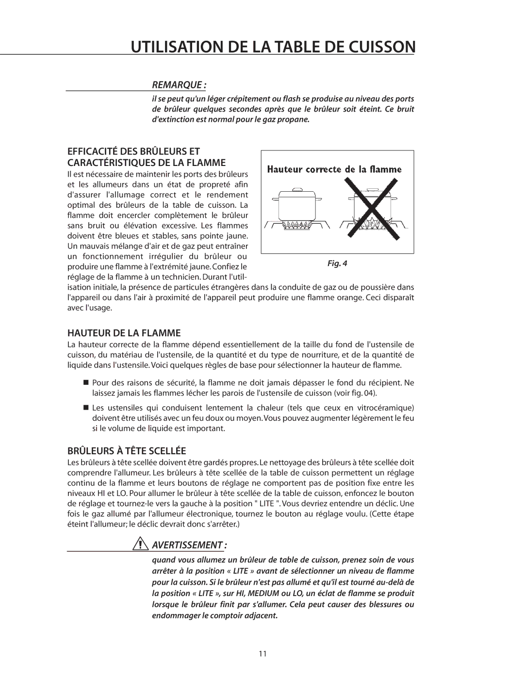 DCS RDS-305 manual Efficacité DES Brûleurs ET Caractéristiques DE LA Flamme, Hauteur DE LA Flamme, Brûleurs À Tête Scellée 