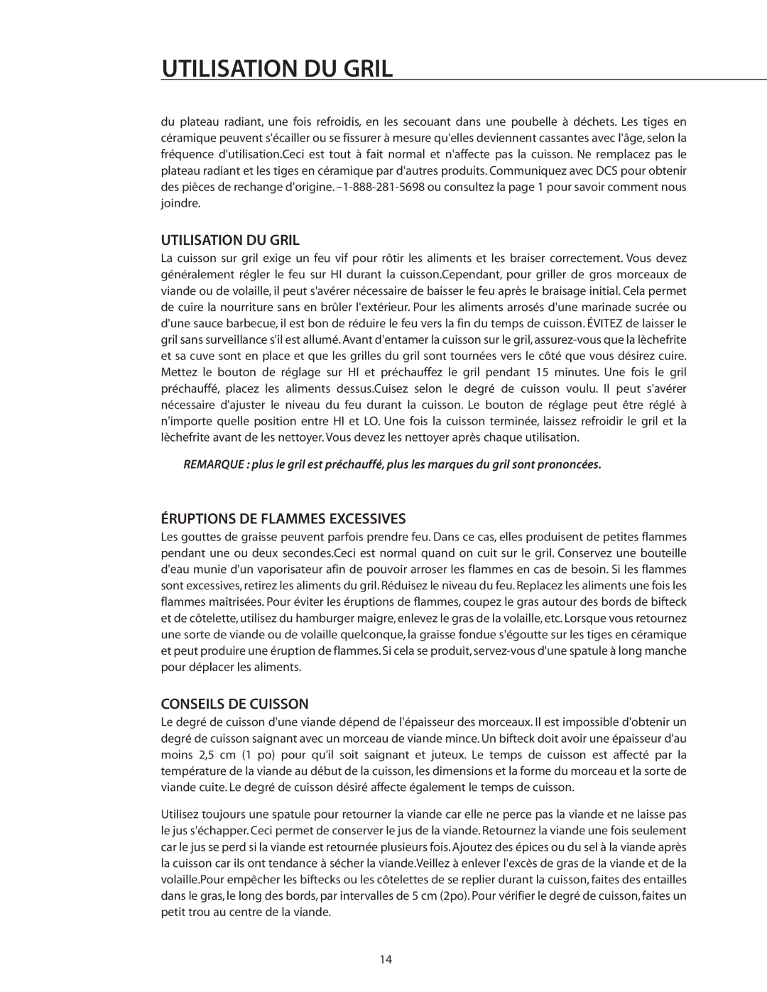 DCS RDS-305 manual Utilisation DU Gril, Éruptions DE Flammes Excessives, Conseils DE Cuisson 