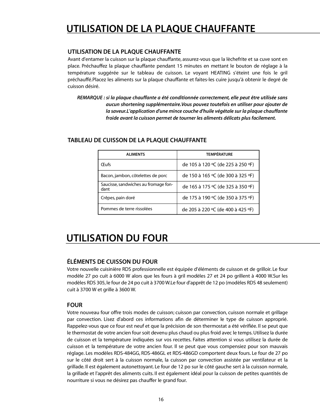 DCS RDS-305 manual Utilisation DU Four, Utilisation DE LA Plaque Chauffante, Tableau DE Cuisson DE LA Plaque Chauffante 