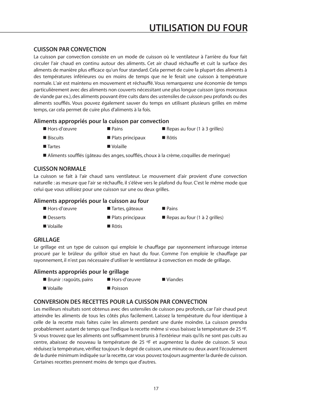 DCS RDS-305 manual Cuisson Normale, Grillage, Conversion DES Recettes Pour LA Cuisson PAR Convection 